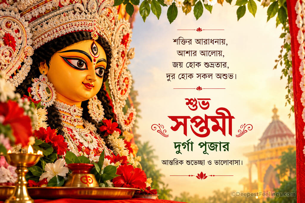 Traditional Durga Puja Maha Saptami greeting card featuring Maa Durga in a red and white saree with gold ornaments, red hibiscus flowers, shiuli blossoms, diyas, and Bengali wish text.
