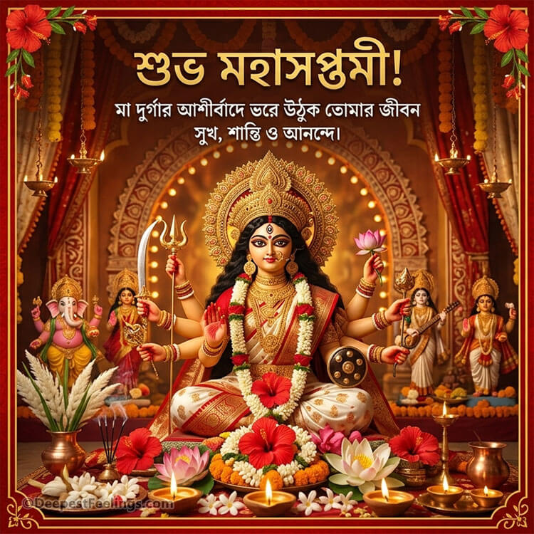 Durga Puja Saptami greeting card featuring Goddess Durga with Bengali wishes