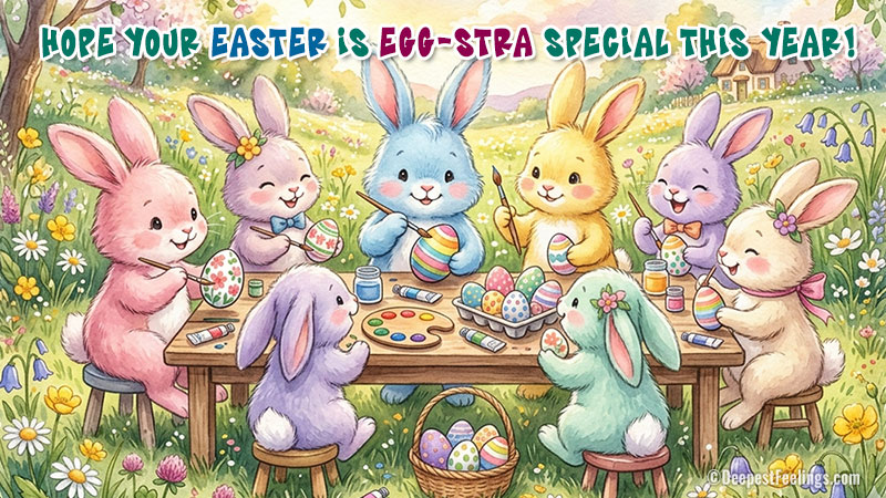 Adorable Easter bunny illustration decorating eggs greeting card