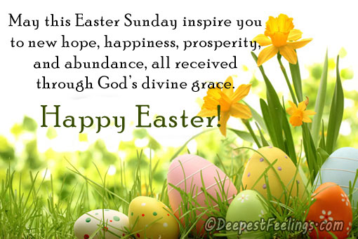 Easter greeting card with the wishes for hope, happiness, prosperity and abundance