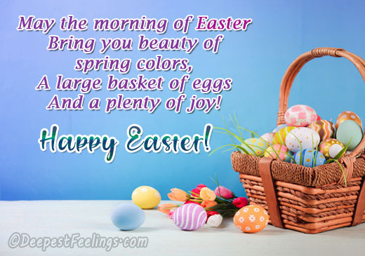 An Easter greeting card showing a large basket of eggs