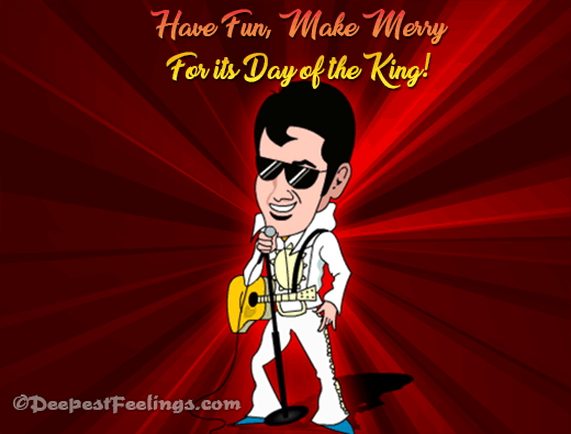 An animated card showing the king Elvis shows his rocking performance