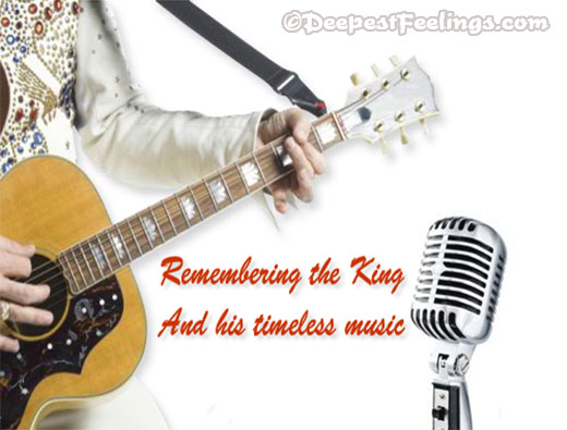 A card for Elvis Day showing the king playing guitar