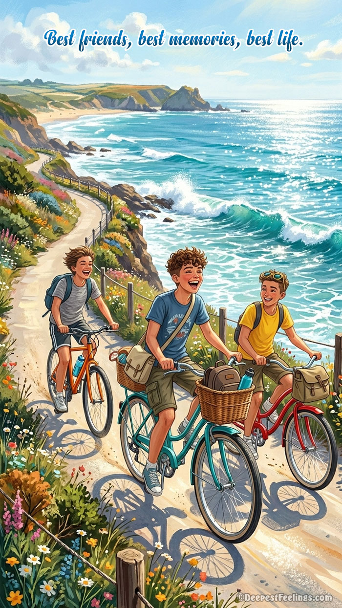 Best friends riding bicycles along the seaside on a beautiful friendship wallpaper with a beautiful quote