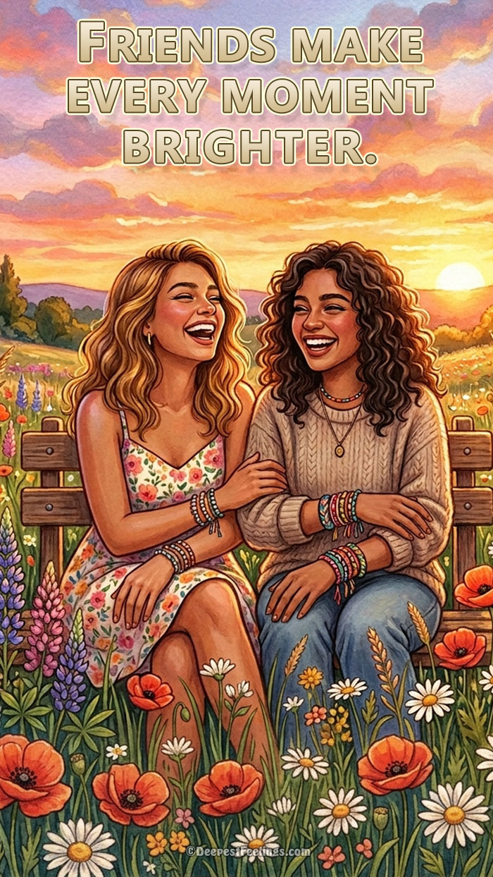 Friendship Day wallpaper featuring two best friends laughing together in a beautiful flower field at sunset