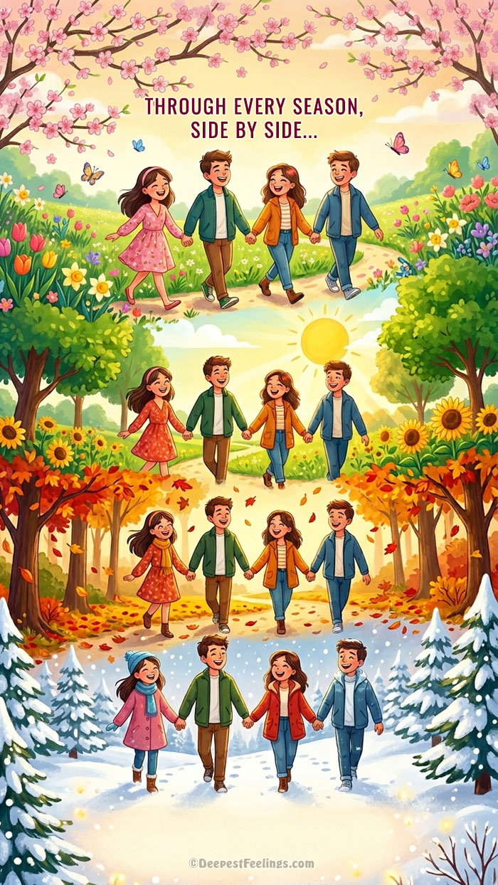 Friends walking together through spring, summer, autumn and winter celebrating lasting friendship