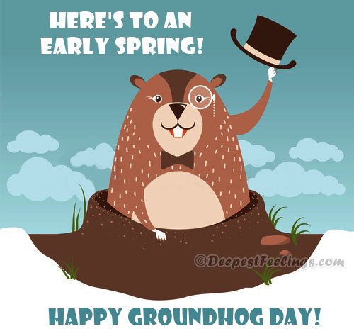 Happy Groundhog Day greeting card themed with a groundhog showing hat