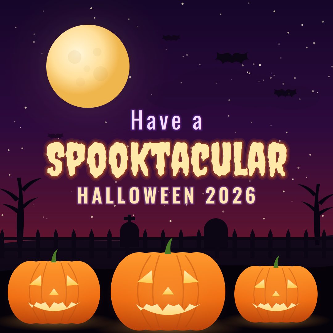 Have a Spooktacular Halloween 2026 square card with three carved pumpkins, a graveyard fence and a full moon