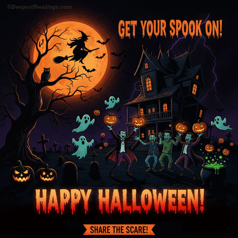 Happy Halloween Card – Witch, Pumpkins & Haunted House Halloween greeting card with haunted house, vampires, ghosts, pumpkins, and witch flying across full moon