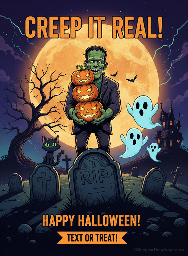 Spooky Halloween Card with Pumpkins, Ghosts & Frankenstein Funny Halloween greeting card with Frankenstein, pumpkins, ghosts, and full moon