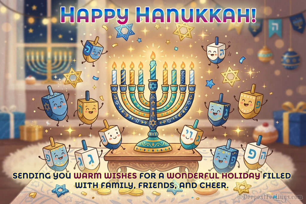 Cute cartoon greeting card featuring Hanukkah menorah surrounded by smiling dreidels and festive decorations