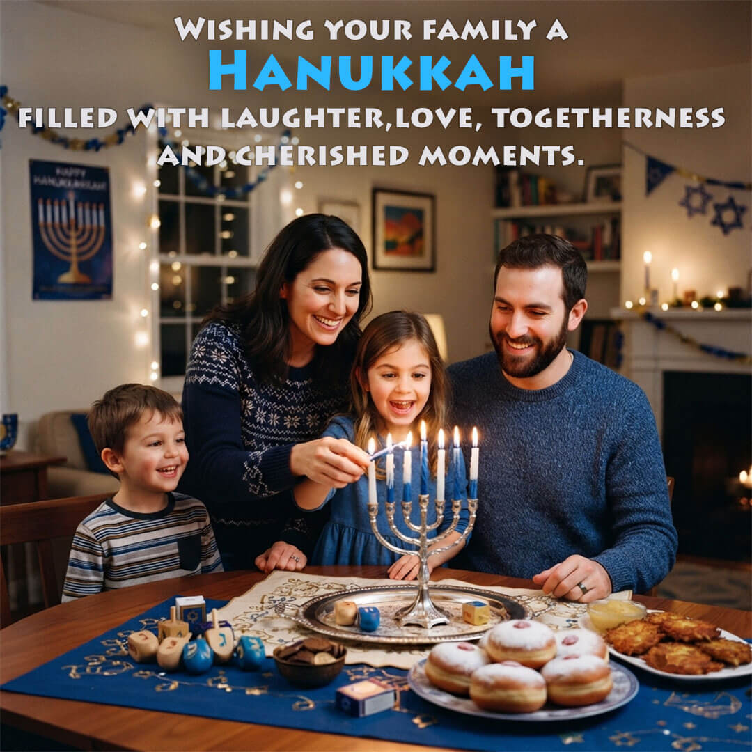 Family Hanukkah greeting card with children and menorah for WhatsApp and Facebook