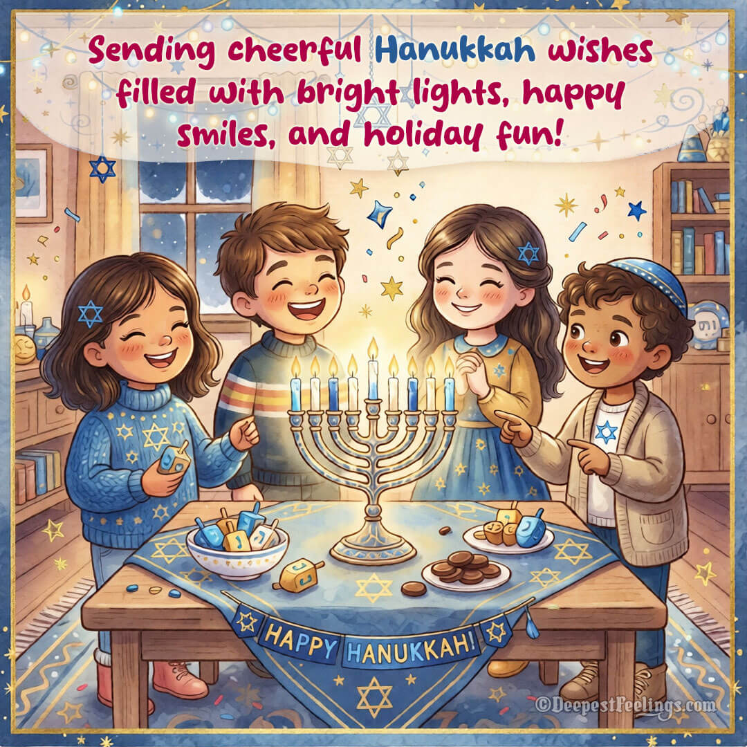 Cute kids Hanukkah greeting card with menorah and dreidels for WhatsApp status