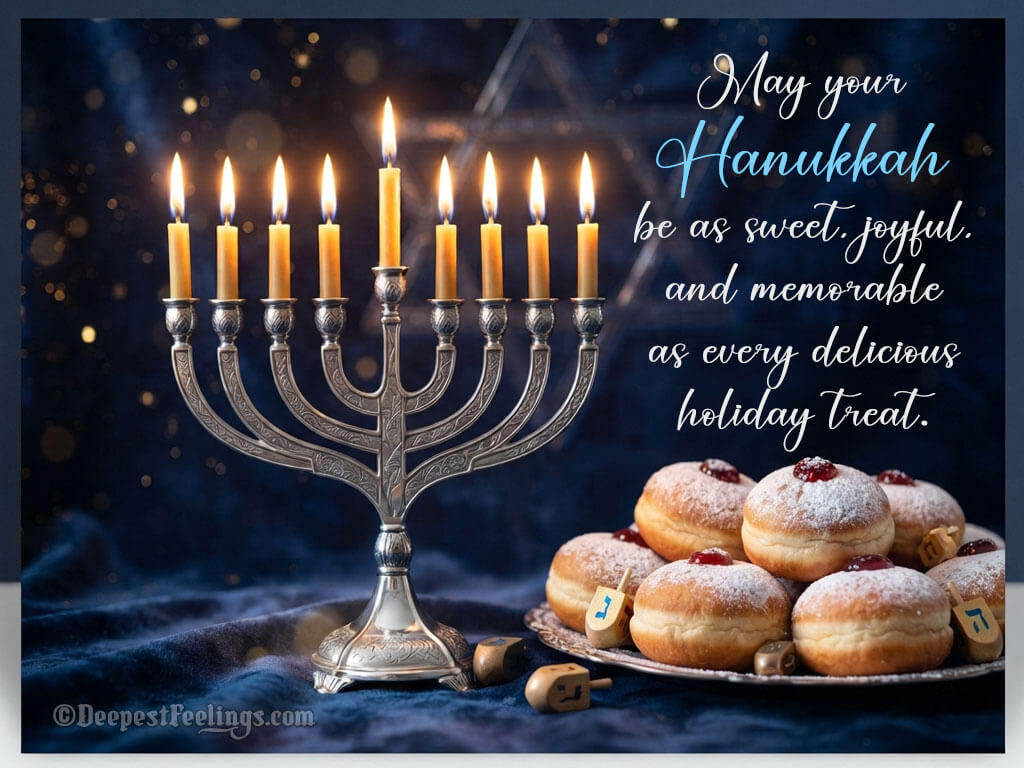 Hanukkah greeting card with sufganiyot and menorah for WhatsApp and Facebook