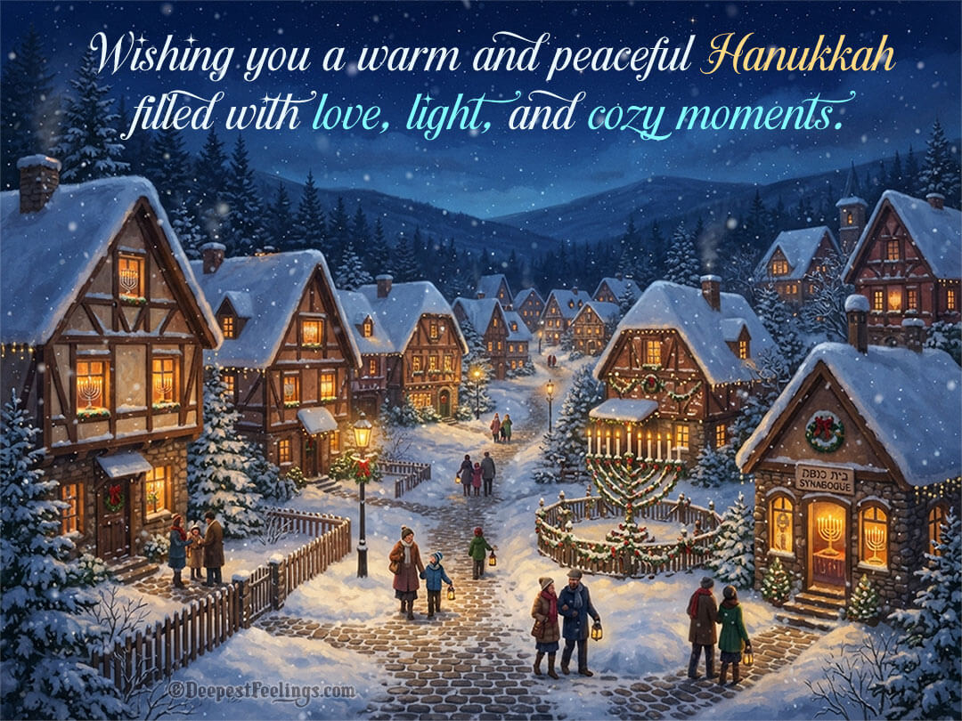 Winter Hanukkah greeting card with a menorah by a snowy window