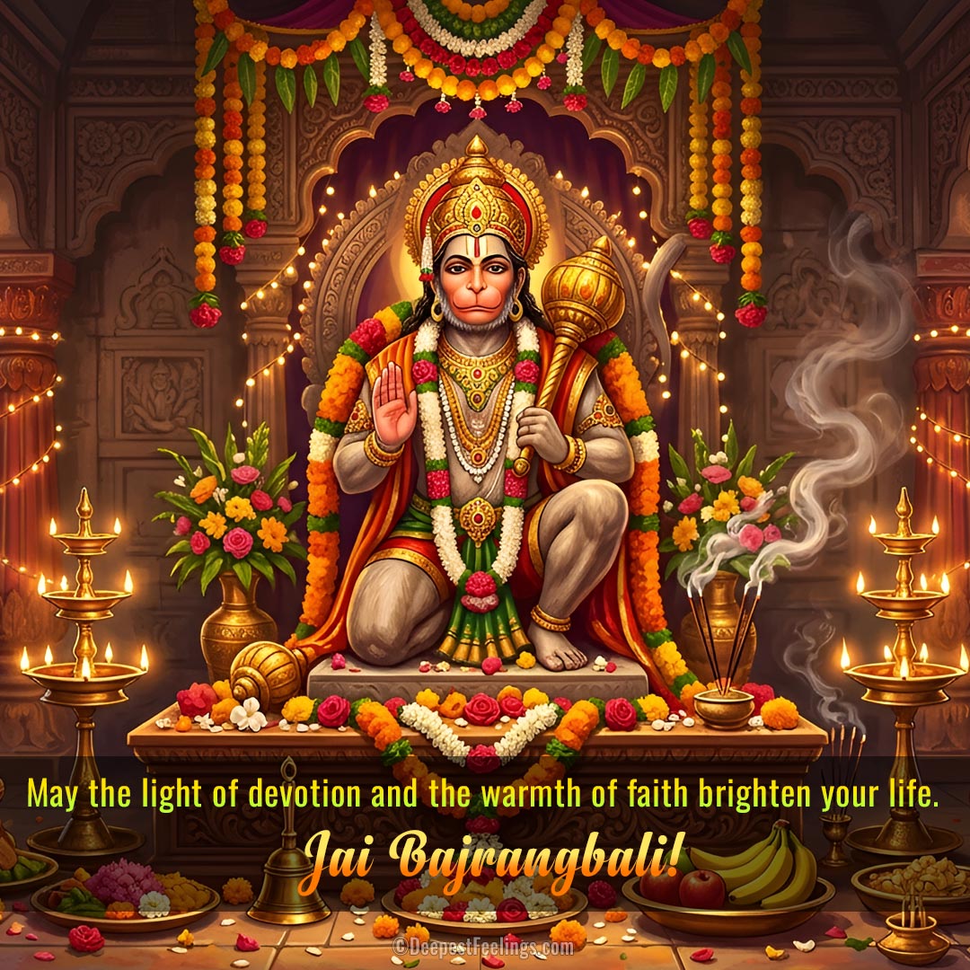 Hanuman Jayanti card featuring Bajrangbali in an ornate shrine with lamps and offerings