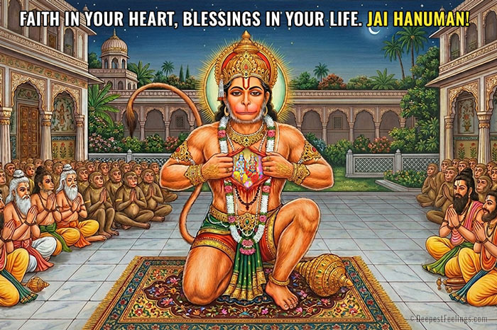 An illustration of Lord Hanuman kneeling and opening his chest to reveal Lord Ram and Sita within his heart.