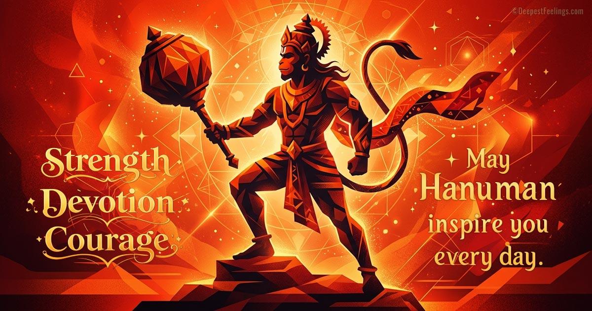 Modern geometric digital art of Lord Hanuman on a Hanuman Jayanti greeting card with inspirational text