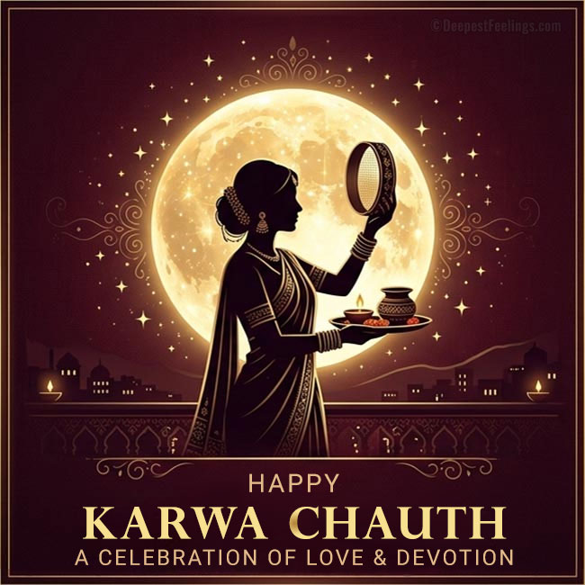 Artistic card image for Karwa Chauth featuring a woman silhouette and a golden moon.