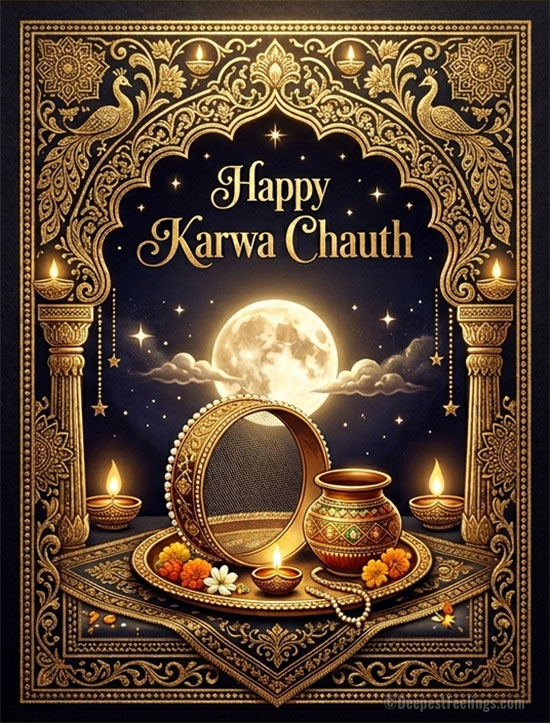 A golden-bordered greeting card for Karwa Chauth featuring a full moon, a sieve (chalni), a decorated pot (karwa), and oil lamps (diyas)