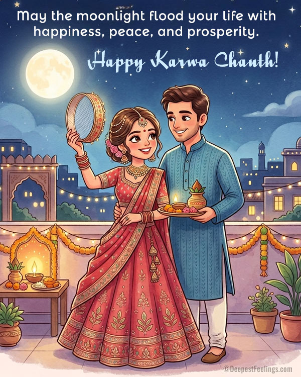 Illustration of a couple on a balcony celebrating Karwa Chauth with a sieve and puja thali, designed as a festive greeting card.