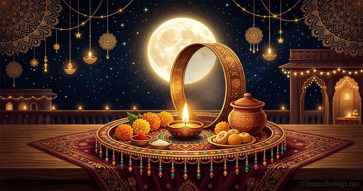 A decorative Karwa Chauth thali with a sieve, diya, and sweets under a full moon for WhatsApp and Facebook status.