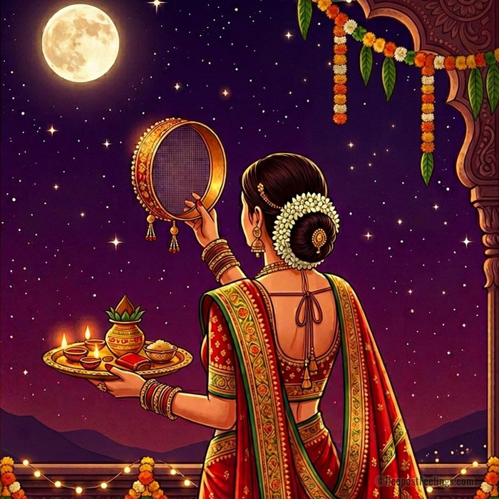 A woman in a red saree performing the Karwa Chauth moon ritual with a sieve and puja thali.