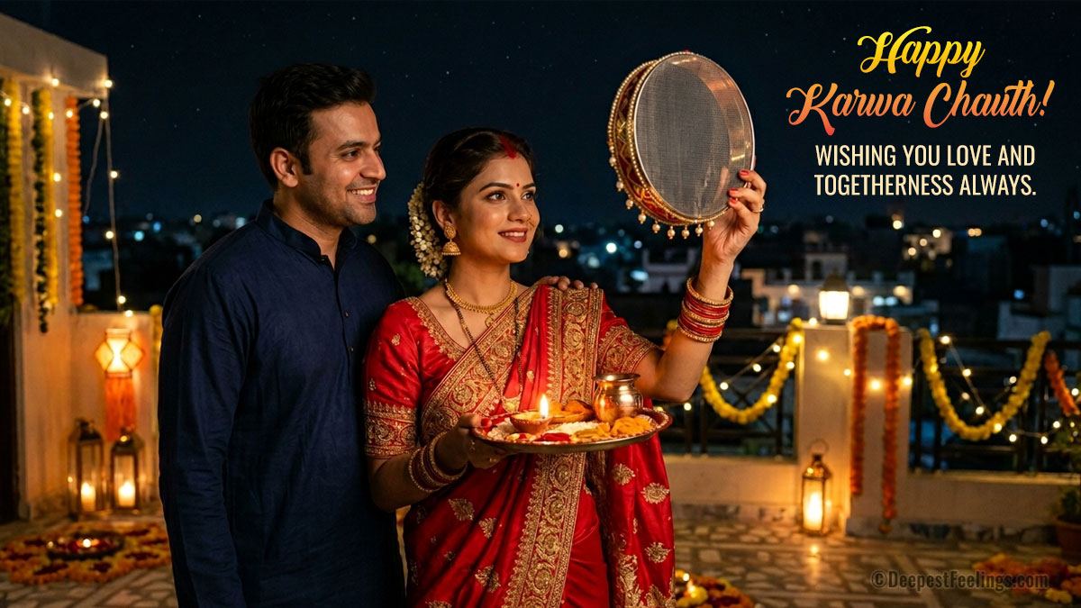 A traditional Karwa Chauth greeting card featuring a couple on a balcony celebrating with a sieve and puja thali.