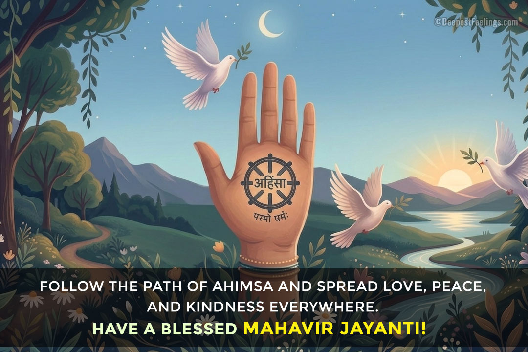 Mahavir Jayanti greeting card featuring a hand with the Ahimsa wheel and peace doves