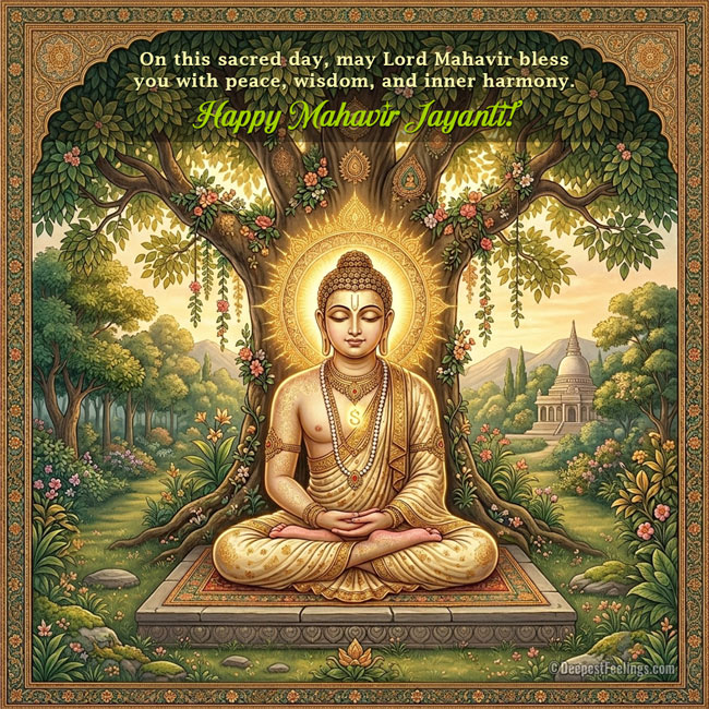 A greeting card featuring Lord Mahavir sitting in meditation under a sacred tree with a message of peace and inner harmony for Mahavir Jayanti