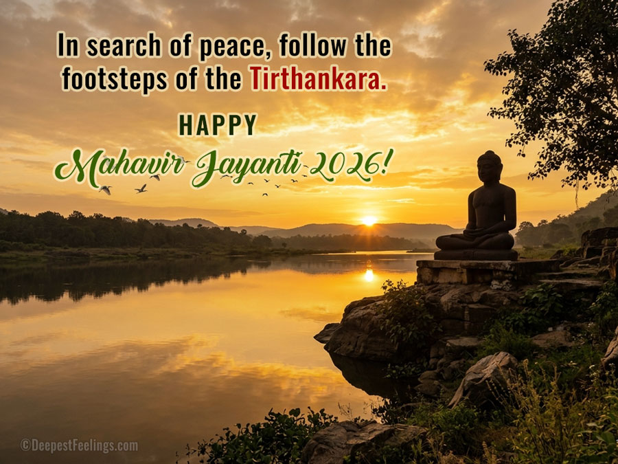 Mahavir Jayanti 2026 greeting card for WhatsApp featuring a Tirthankara statue by a river at sunset