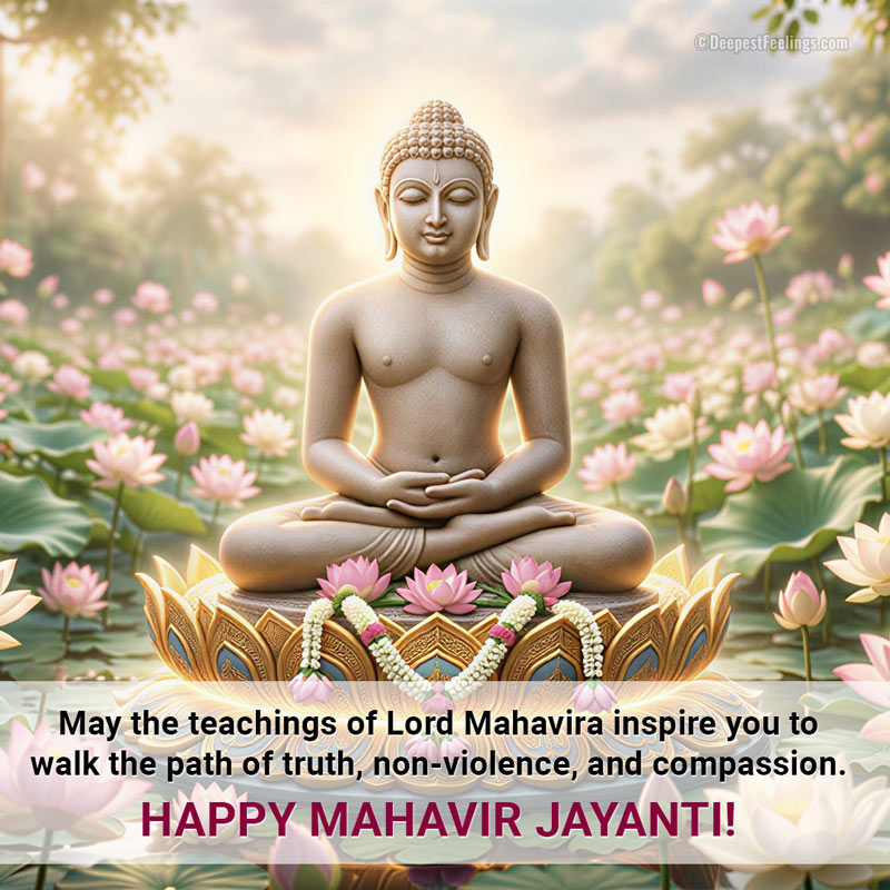 Greeting card for Mahavir Jayanti with Lord Mahavira statue in serene meditation surrounded by blooming lotus flowers