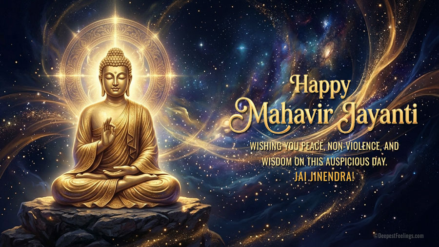 Digital Mahavir Jayanti greeting card for WhatsApp and Facebook featuring a golden meditating Tirthankara in a cosmic galaxy