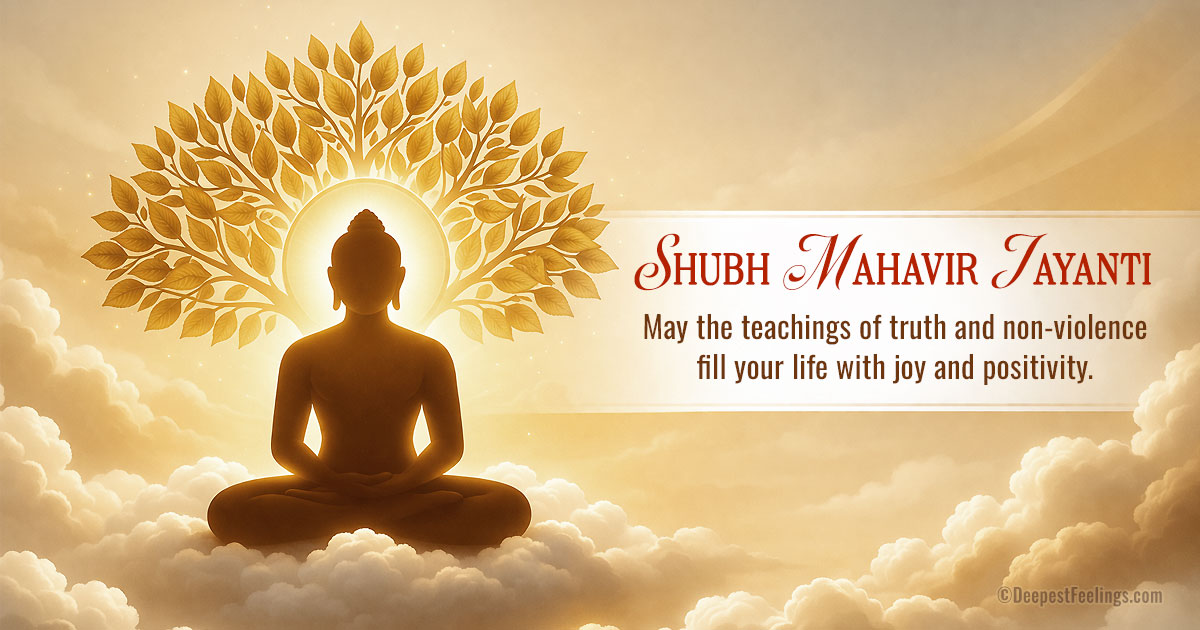 Golden Mahavir Jayanti card featuring a meditation pose and non-violence message for WhatsApp