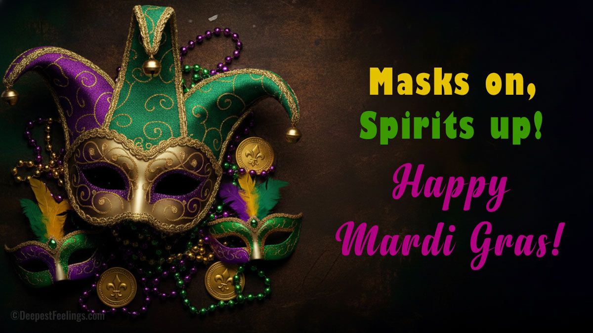 Elegant Mardi Gras greeting card showing masks, beads, and celebration theme