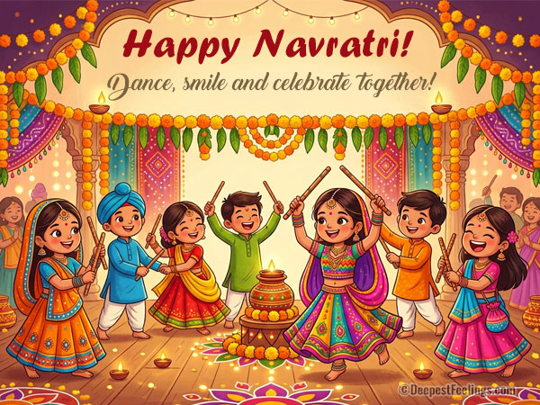 `Happy Navratri greeting card featuring kids playing Garba and Dandiya dance