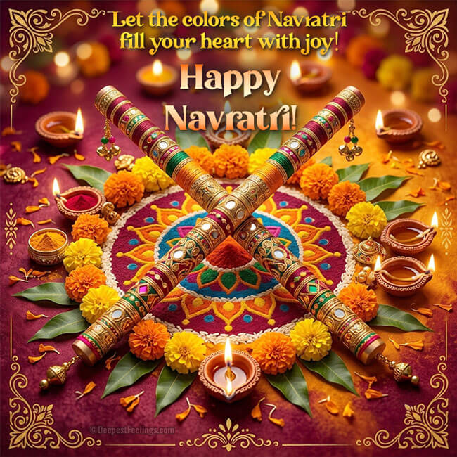 Colorful Dandiya sticks on a festive Navratri greeting card