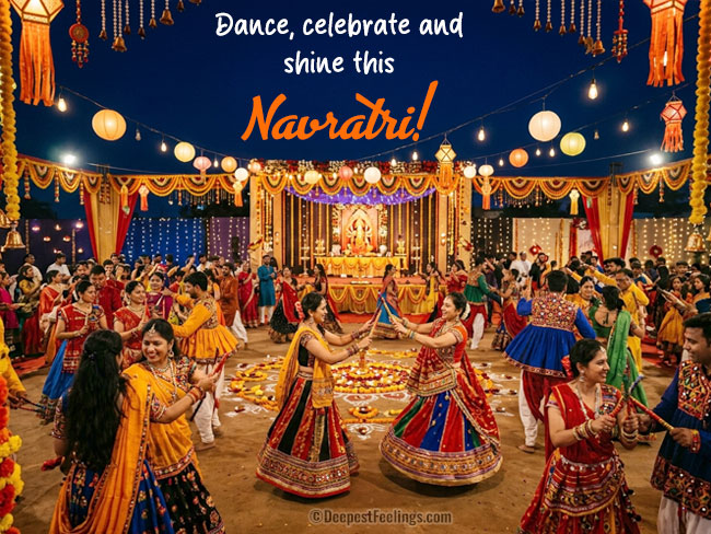 Navratri greeting card with people celebrating Garba and Dandiya