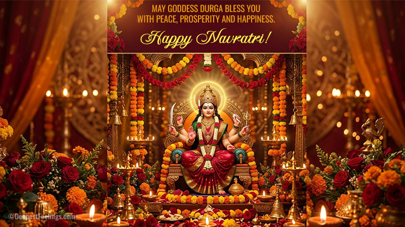 Navratri greeting card featuring Goddess Durga and glowing diyas