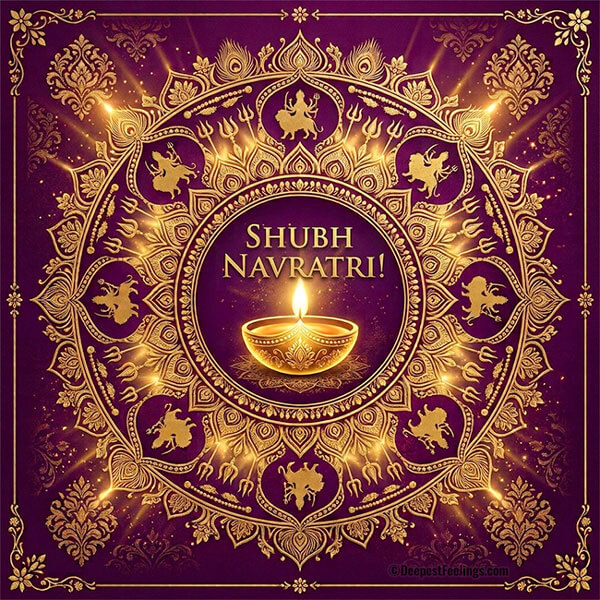 Shubh Navratri greeting card with golden mandala art and glowing diya