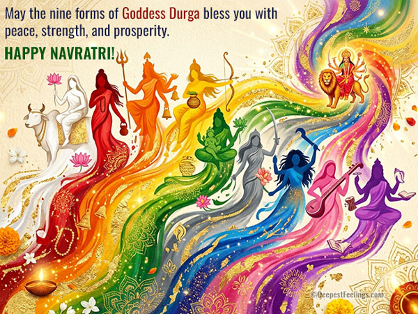 Abstract digital art greeting card depicting nine forms of Durga for Navratri.