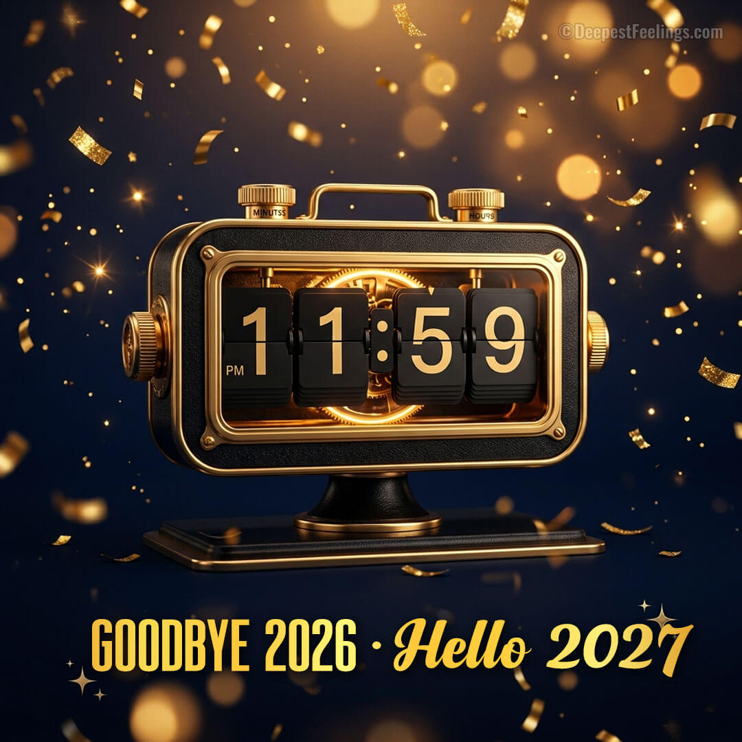 Happy New Year 2027 countdown card with a clock turning from 2026 to 2027