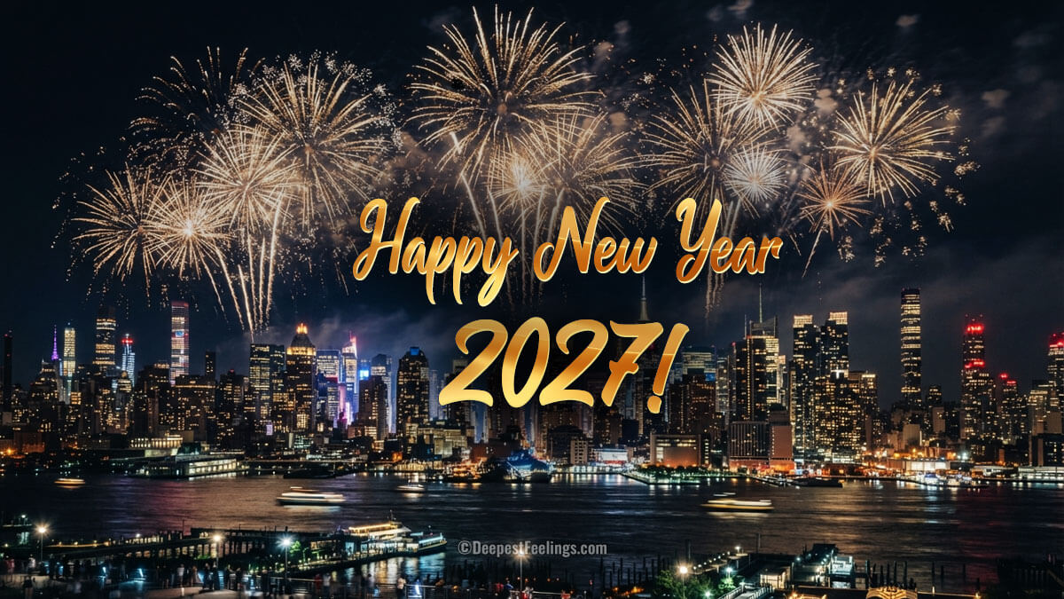 Happy New Year 2027 greeting card with gold fireworks over a city skyline at midnight