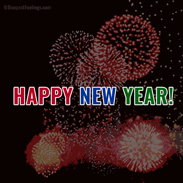 Animated Happy New Year card with fireworks bursting behind the greeting