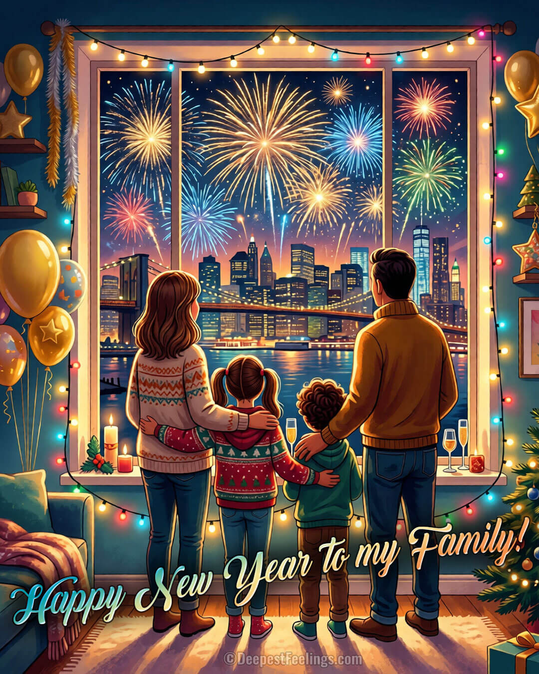 Illustrated New Year card of a family watching fireworks together from a window