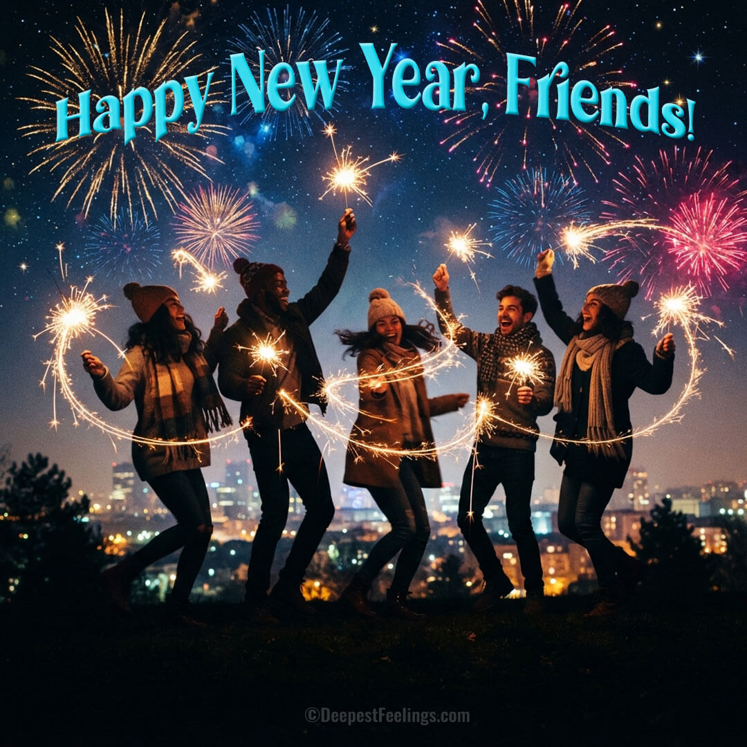New Year card for friends with silhouettes holding sparklers against a night sky
