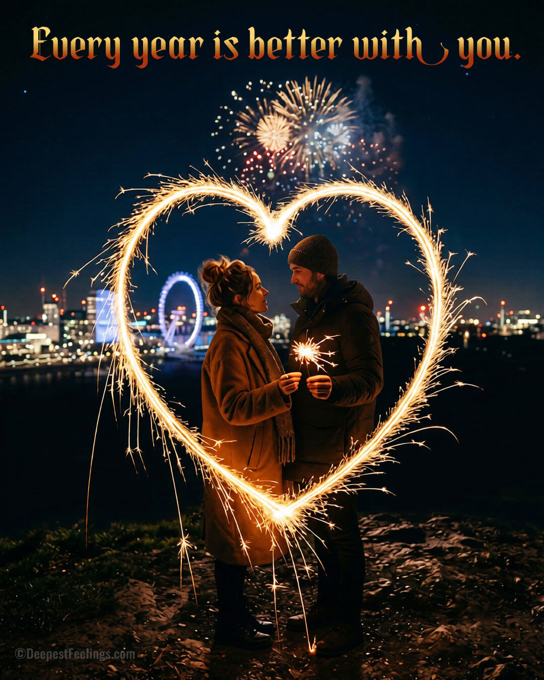 Romantic New Year card with two sparklers drawing a heart under fireworks