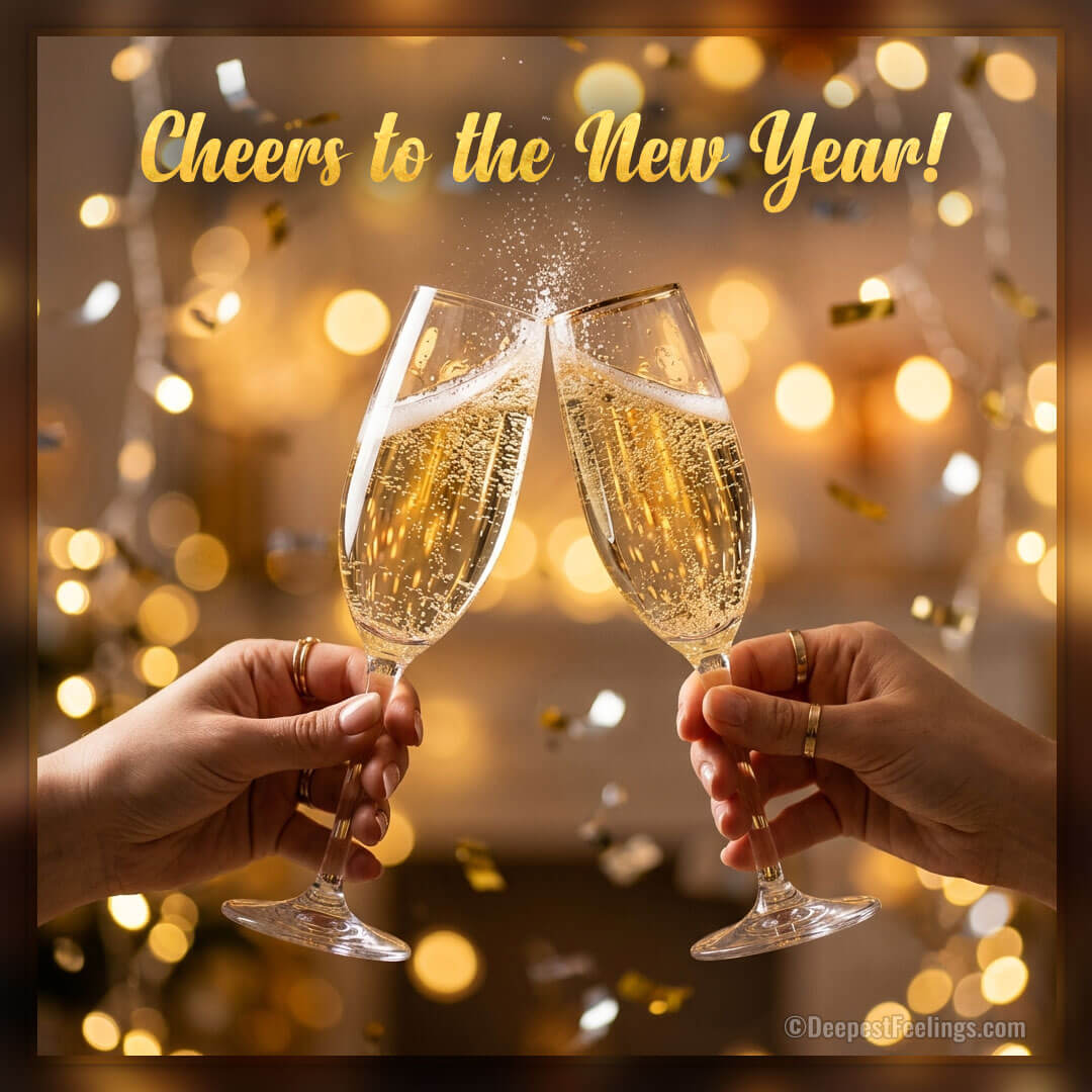New Year greeting card with two champagne glasses clinking and gold glitter
