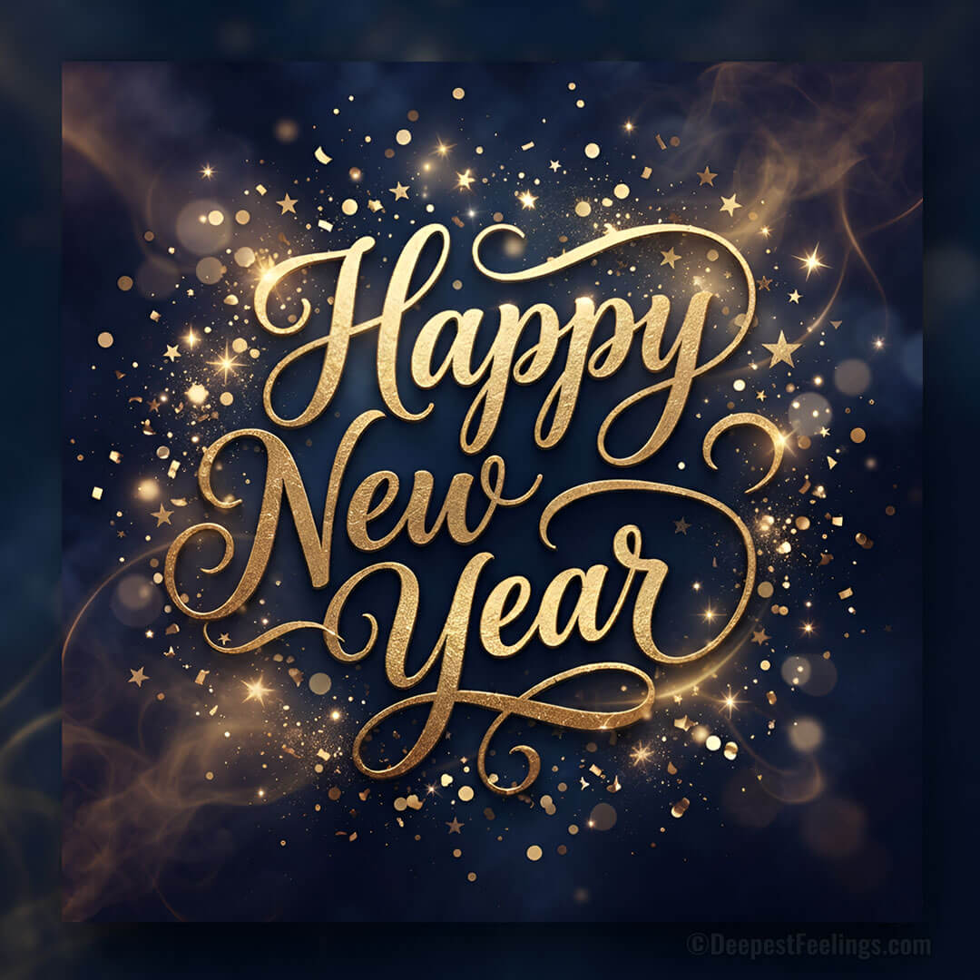 Elegant Happy New Year typography card with gold confetti on a dark background