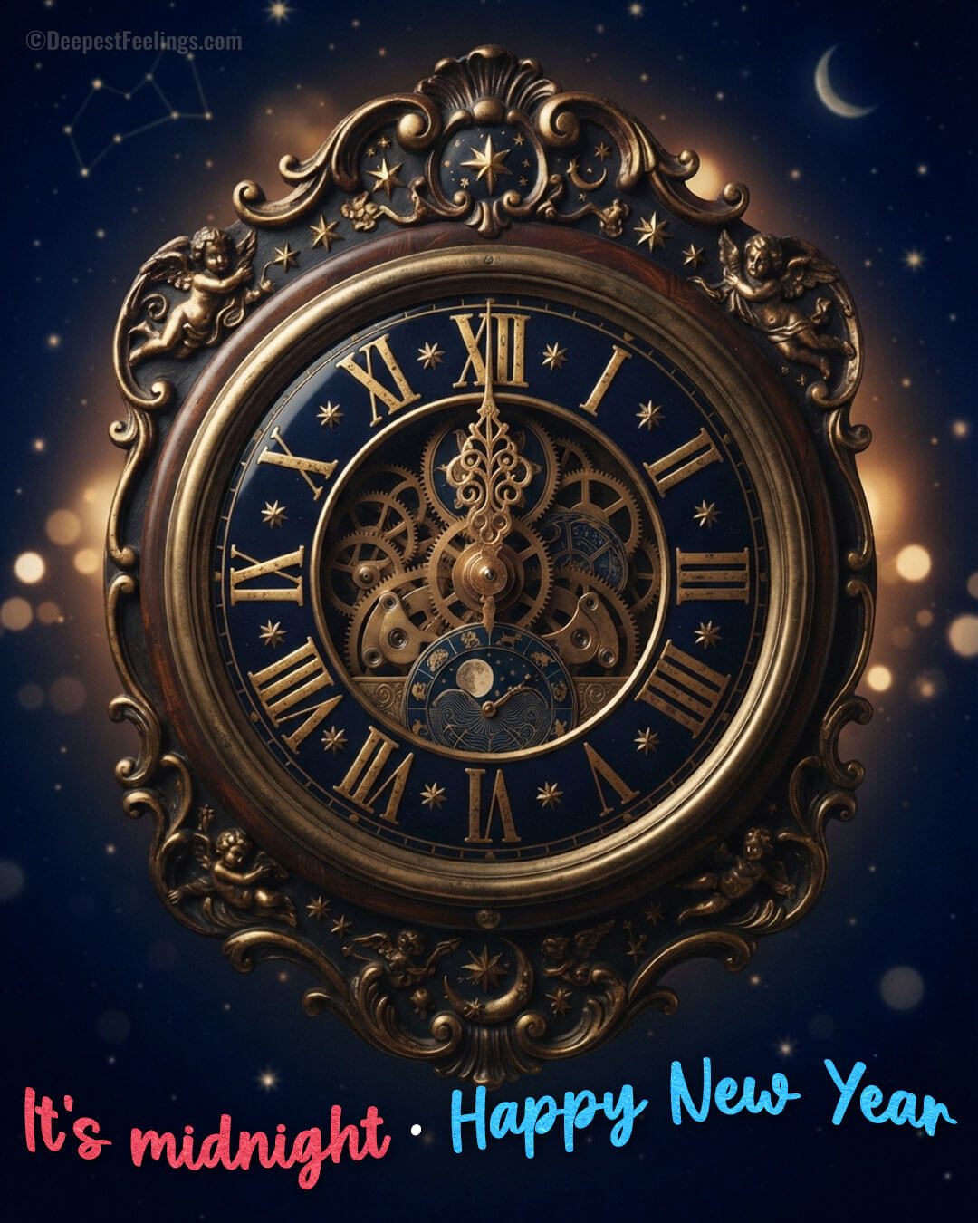 New Year card of a vintage clock striking midnight under a starry sky